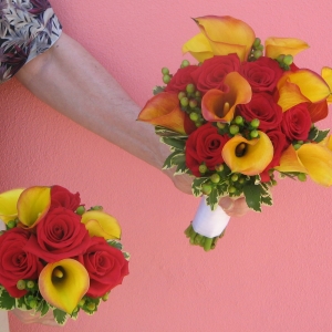 Bridal bouquet of mango callas with red roses