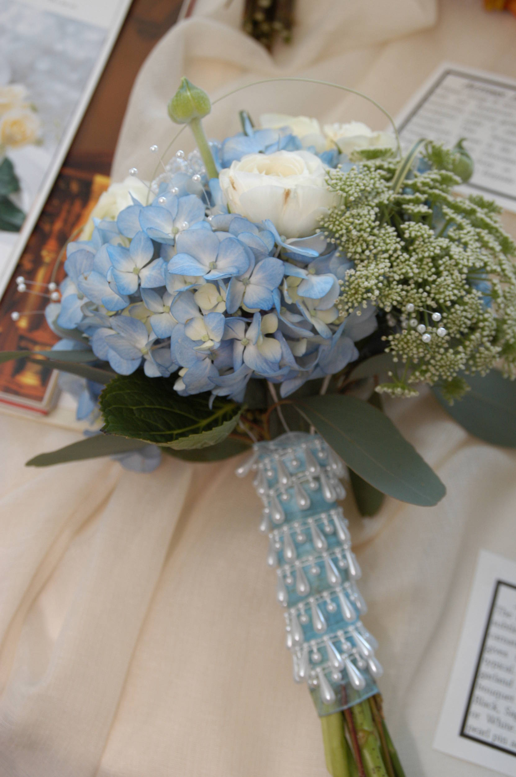 Hand Tied Hydrangea and Ranuculus with pearl drops