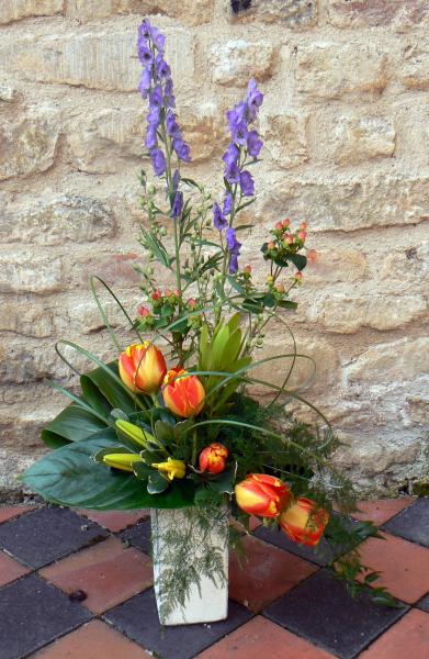 Blue_Aconitum_and_Yellow_Tulips_Arrangement