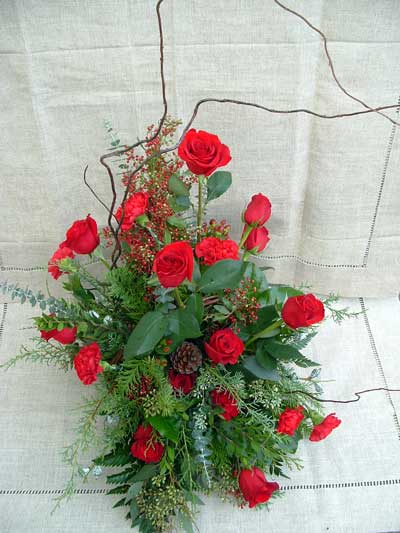 Fireside basket with roses and berries